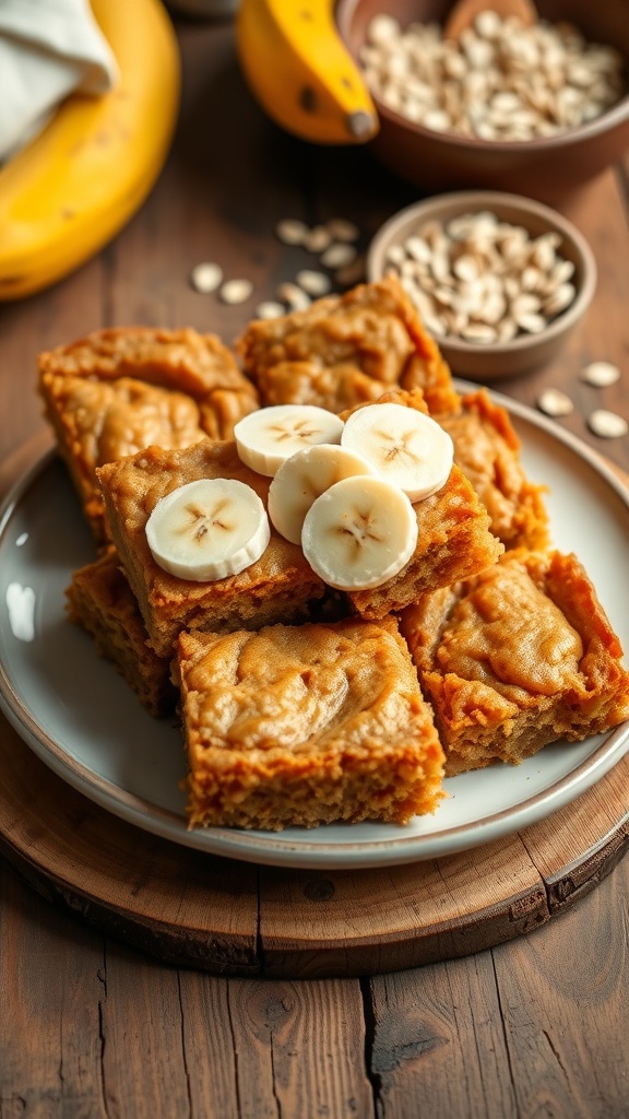 A plate of golden banana bread bars garnished with banana slices, on a rustic wooden table with oats and a banana.